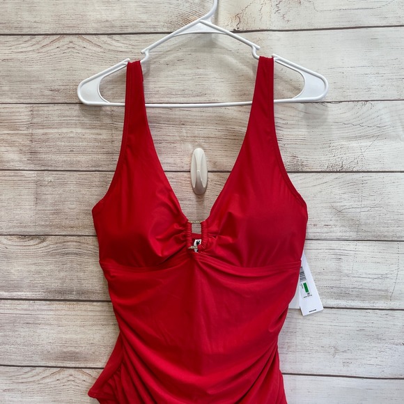 NEW WITH TAGS DKNY CABANA PLUNGE RING FRONT ONE PIECE SWIMSUIT‎ IN RED - Picture 2 of 7